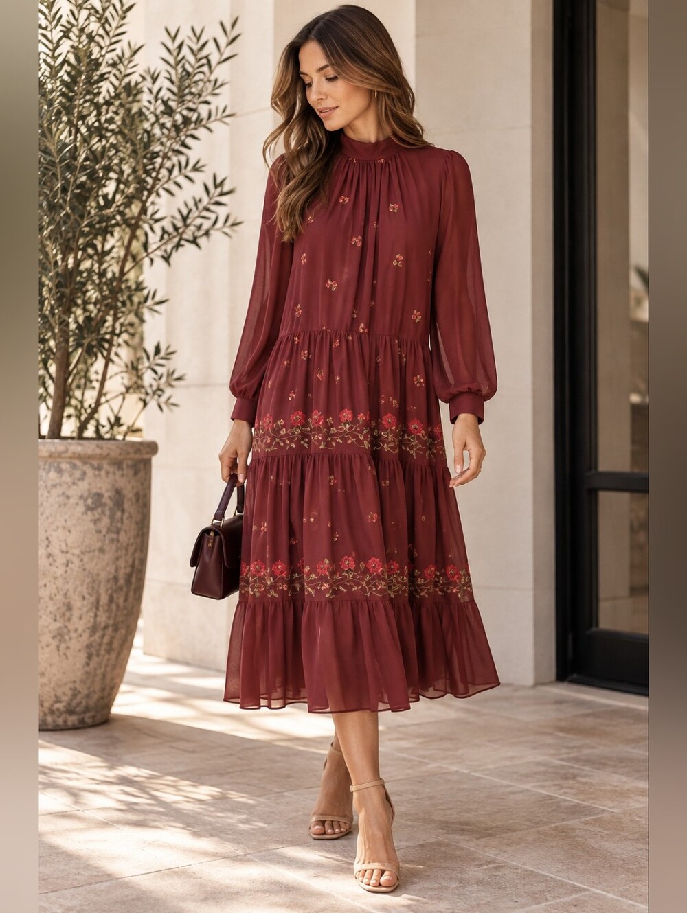 ASOS Oxblood Embroidered Tiered Maxi Dress Size 6